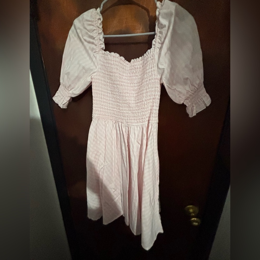 Smocked Puff Sleeve Light Pink Midi Dress - Picture 2 of 3